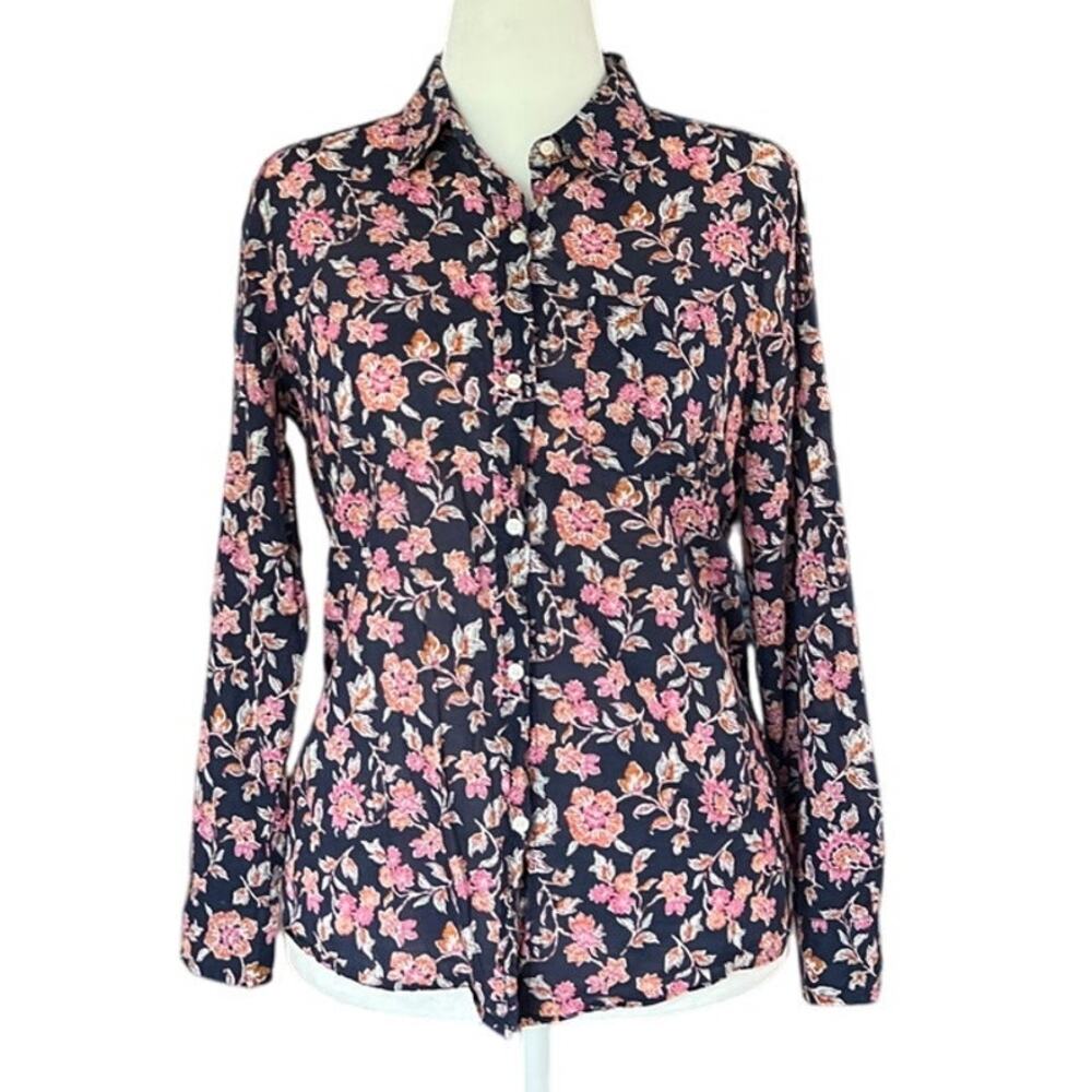 Gap Semi-Sheer Country Western Floral Button Up Shirt Women's Size L Navy & Pink